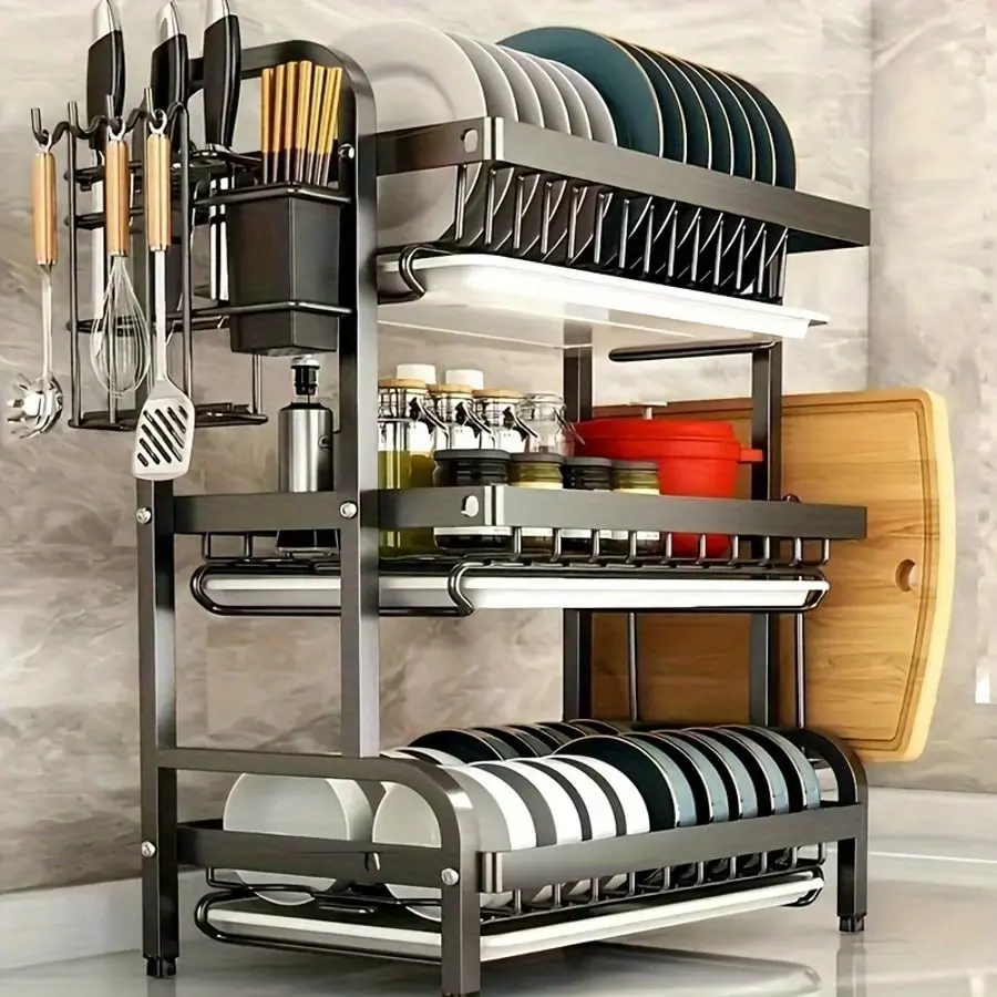3 Tier Multifunctional Dish Drying Rack,Escurridor De Platos Para Fregadero,Stainless Steel Kitchen Dish Drainer With Drainboard,Utensil Holder & Cup Holder, Large Capacity Space Saving Kitchen Organizer for Kitchen Essentials, Black