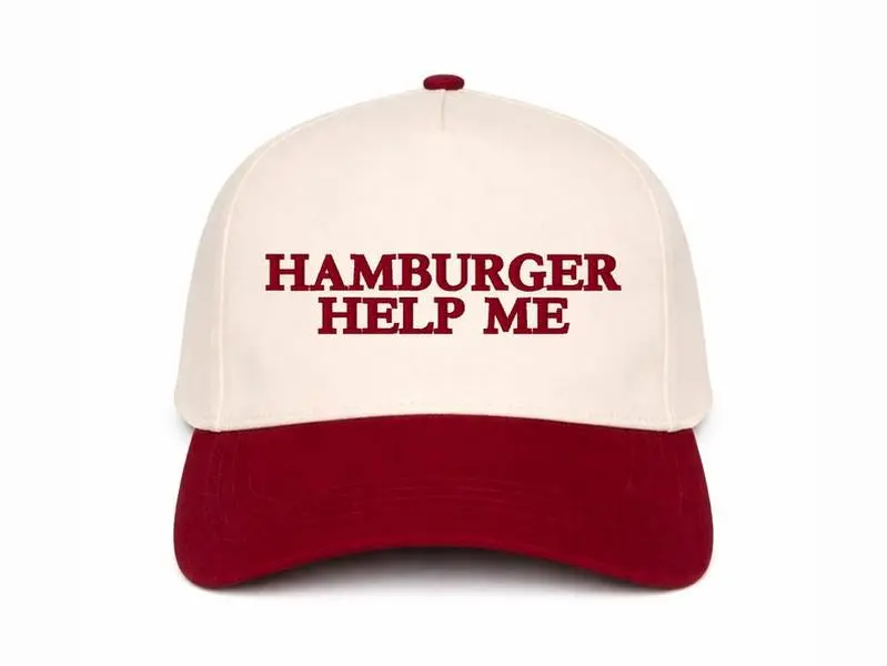 Custom Embroidered Hamburger Help Me Hat Funny Food Trucker Cap