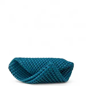 Pre-owned Bottega Veneta Leather Clutches & Wristlets Intrecciato Large Slanted Clutch Patent Nappa Blue (0429v7)