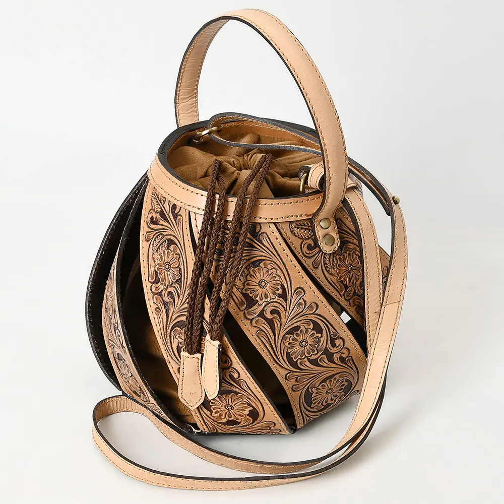 American Darling Hand Tooled Floral Carved Genuine Leather Bucket Bag Drawstring Eco-Friendly Western Purse