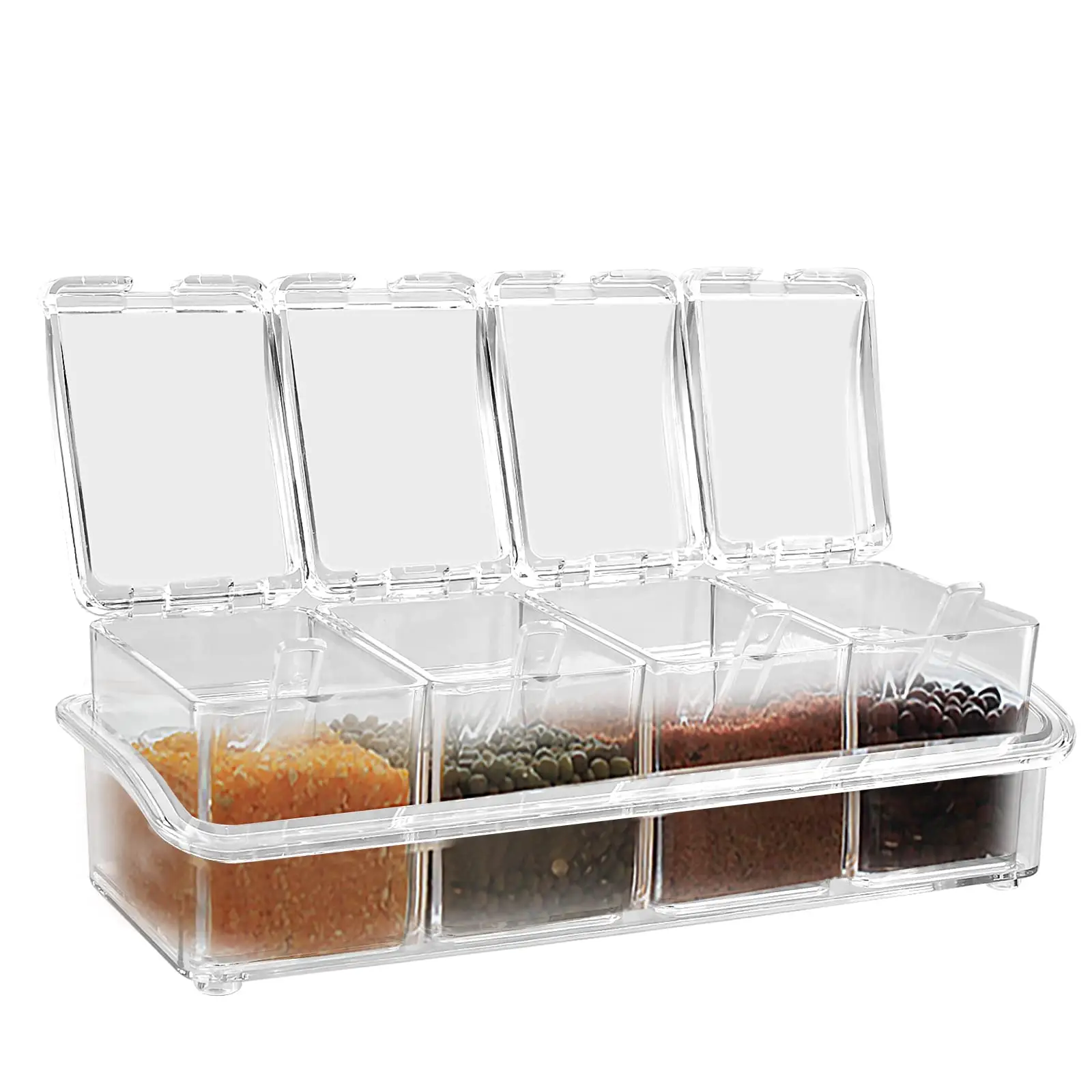 Seasoning Box with Spoons, 4 Compartments Seasoning Pot for Kitchen, Clear Flip Top Type Spice Container, Kitchen Seasoning Utensils For Daily Use