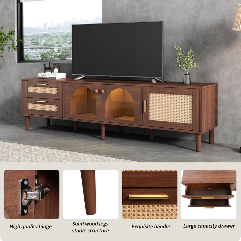 Rattan TV Stand for 80'' TVs – LED Media Console with Storage, Modern Entertainment Center with 3Cabinets &2 Drawers for Living Room & Bedroom
