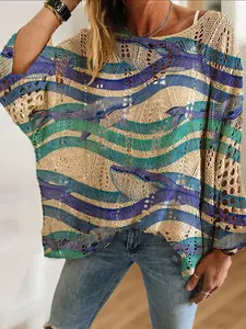 Women's Elegant Whale Wave Stripe Print Knit Hollow Out Top, Casual Vacation Style Sweater, Comfortable Breathable Loose Fit