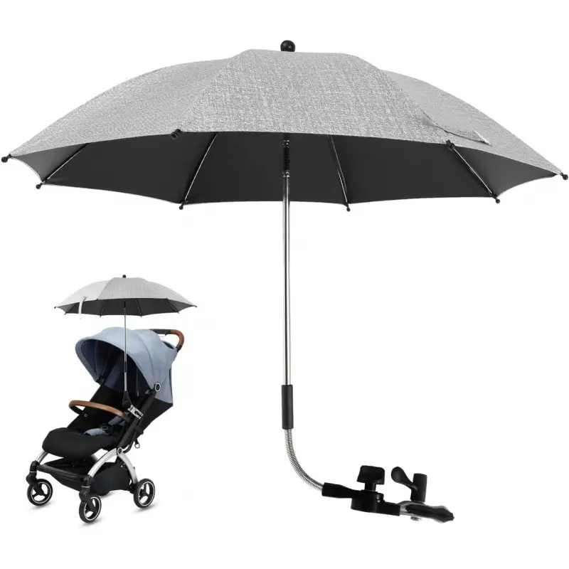 Universal Stroller Sunshade Umbrella, Adjustable Canopy, UPF50+ UV Protection, 360 Degree Rotatable Design with Mounting Clip and Handle