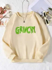 Grinchy Christmas Letter Print Round Neck Sweatshirt, Vintage Style Casual Fitted Pullover, Trendy Streetwear for Fall & Winter
