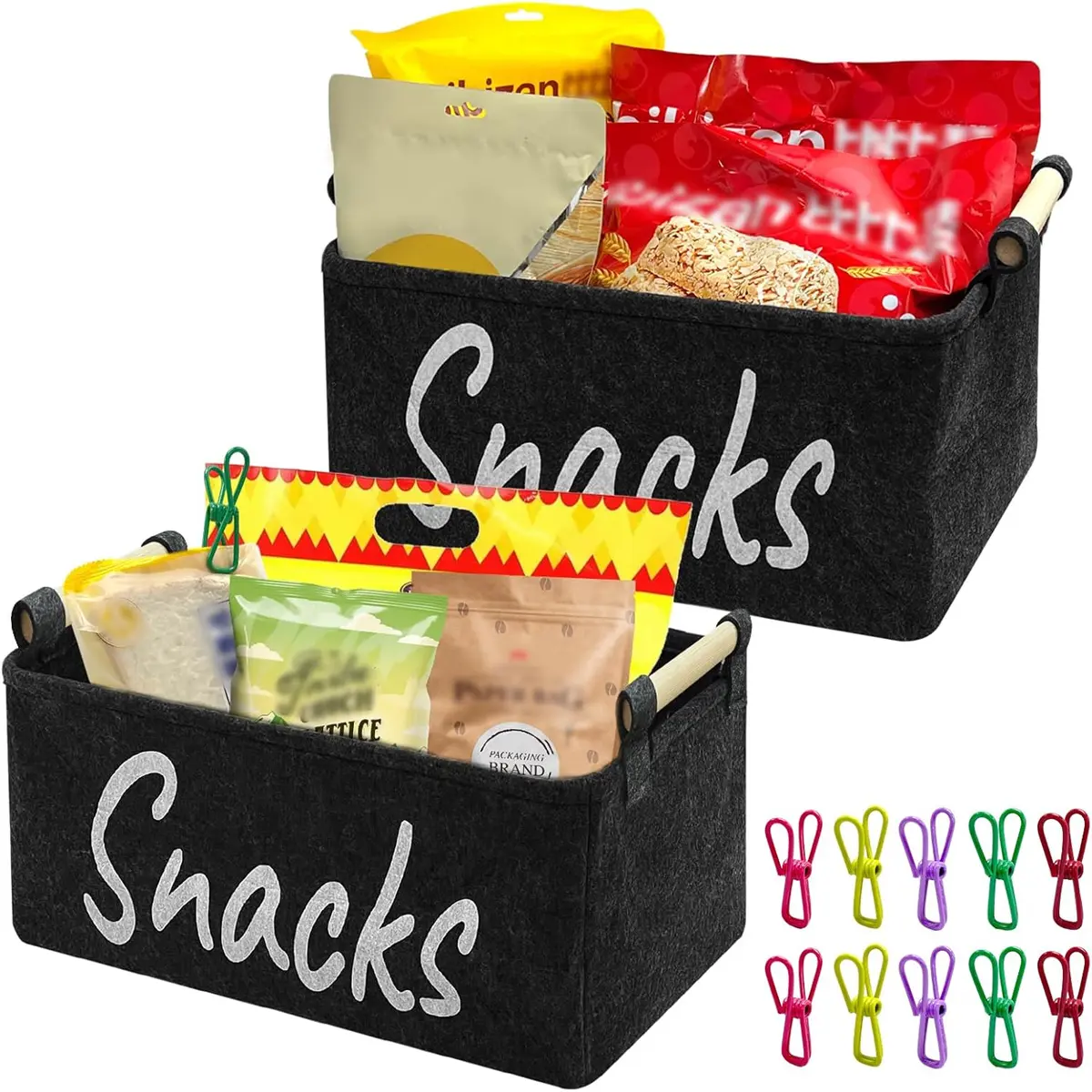 2Pcs Snack Basket, Snack Storage Bin for Pantry Shelves with 10 Pcs Chip Clips, Basket Organizer for Kitchen Home, Chips, Popcorn, Candy, Pretzels(Black)