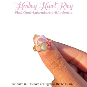 Healing Heart Crystal Ring pink opal rhodonite labradorite for heart break emotional healing self love