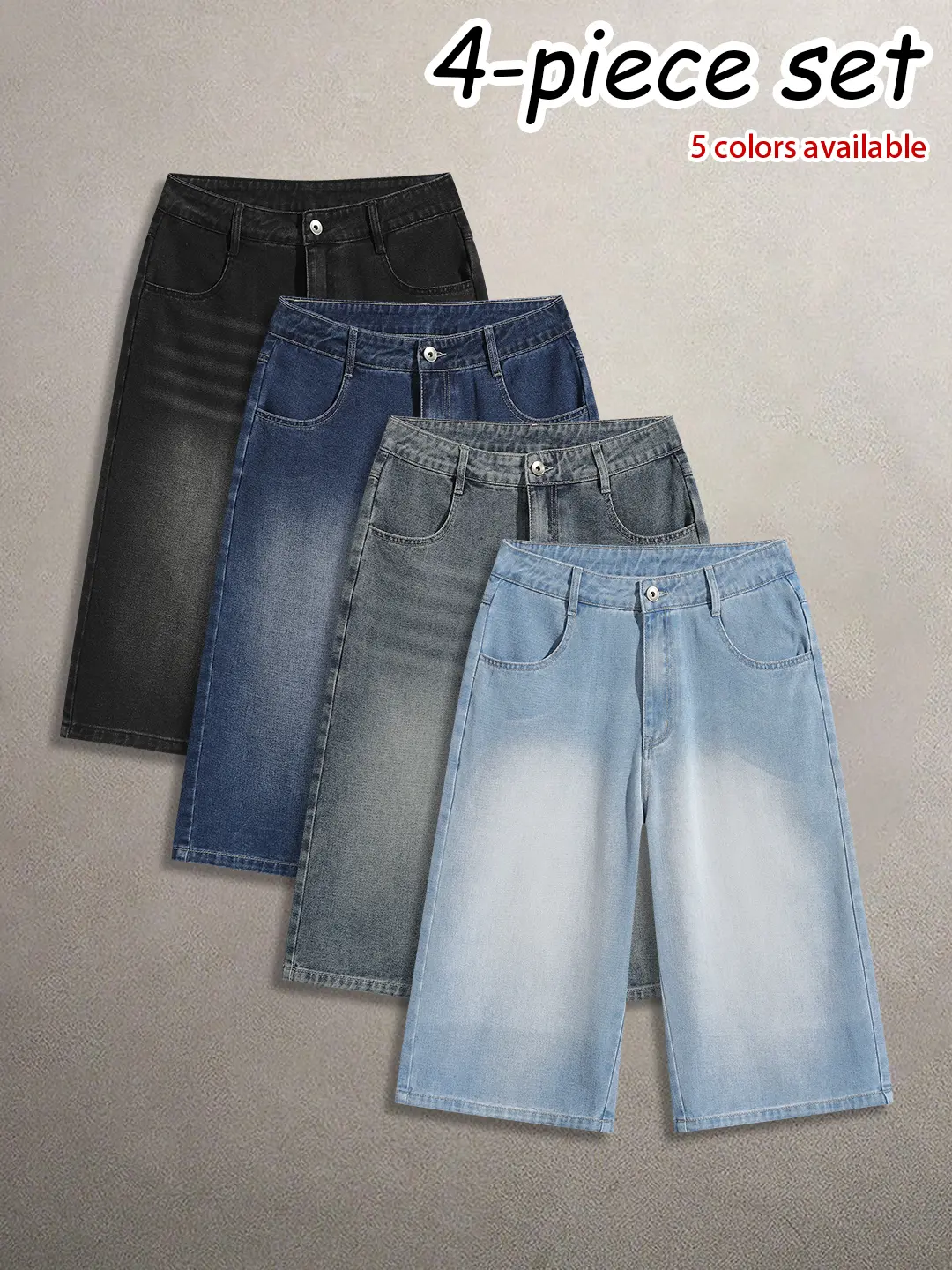 Pack of 4 men’s vintage denim capris with cotton fabric; loose fit, washed distressed finish for a trendy street style look—versatile capris for everyday wear.summervibes