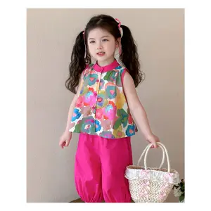 Girls' sleeveless top, new summer style, children's dopamine floral cropped pants set, suitable for casual daily outings and walks, choose size according to height