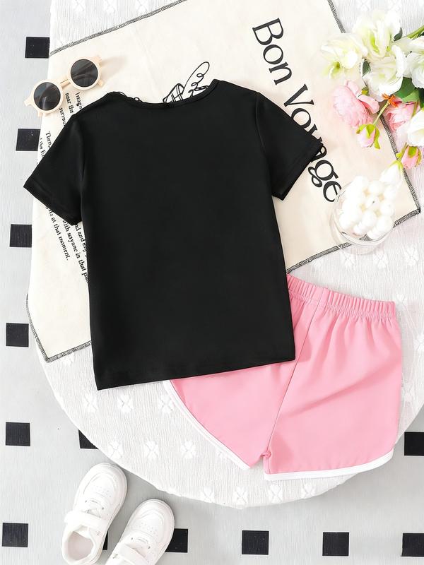 Summer Girls Casual Sports Short Sleeve Set with Eye-Catching Heart Smile Print, Loose Fit Shorts for Ages 2-7, Perfect for School & Weekend Outings