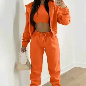 Glow Getter 3-Piece Jogger Set - Slim-Fitting Stretchy Comfortable Fit Orange Lounge Set for Casual Outings & Versatile Wear