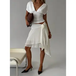 Ophella Tie Waist Chiffon Midi Skirt Cream