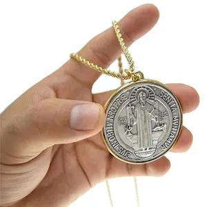 Medalla De San Benito 48mm Medal St Benedict Pendant Gold Plated Rope Chain 24"