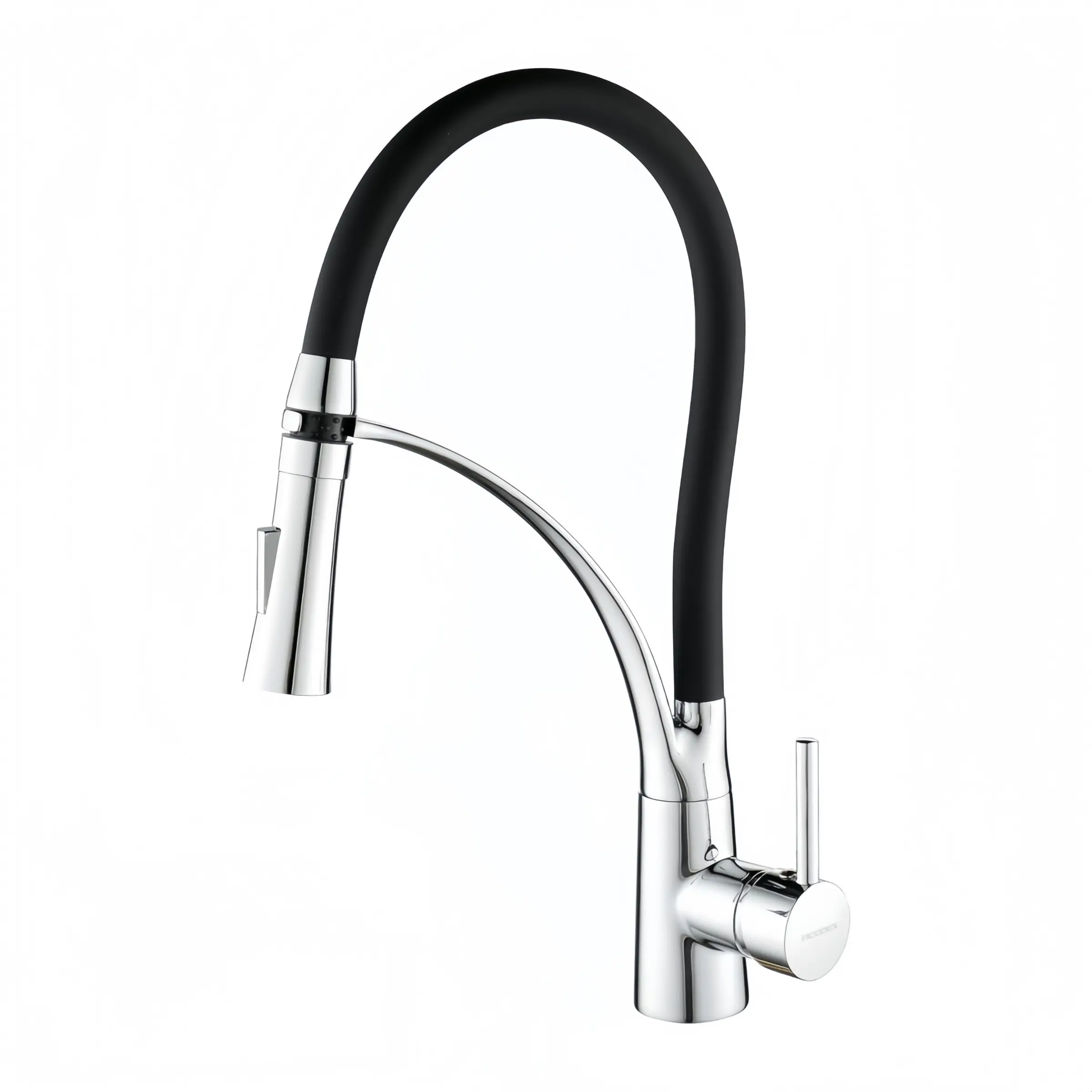 Draw-Out Kitchen Faucet Flexible Silicone Spray Single Handle Pull-Down Brass Gooseneck Modern High Arc Sink Tap, Polished Chrome Rubber Sprayer Hose