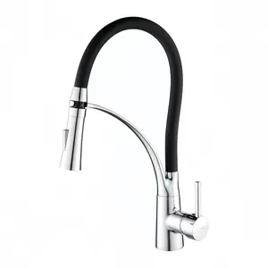 Draw-Out Kitchen Faucet Flexible Silicone Spray Single Handle Pull-Down Brass Gooseneck Modern High Arc Sink Tap, Polished Chrome Rubber Sprayer Hose
