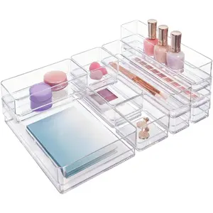10-Piece Stackable Clear Drawer Organizer Set, Multi-size Trays for Makeup Vanity Storage and Office Desk Drawer Dividers, Made in USA
