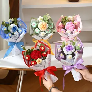 Handmade Knitted Flower Bouquet - Artificial Flowers Ready-to-Use Crochet Bridal Bunch for Wedding, Valentine‘s, Mother’s Day & Anniversary Gifts