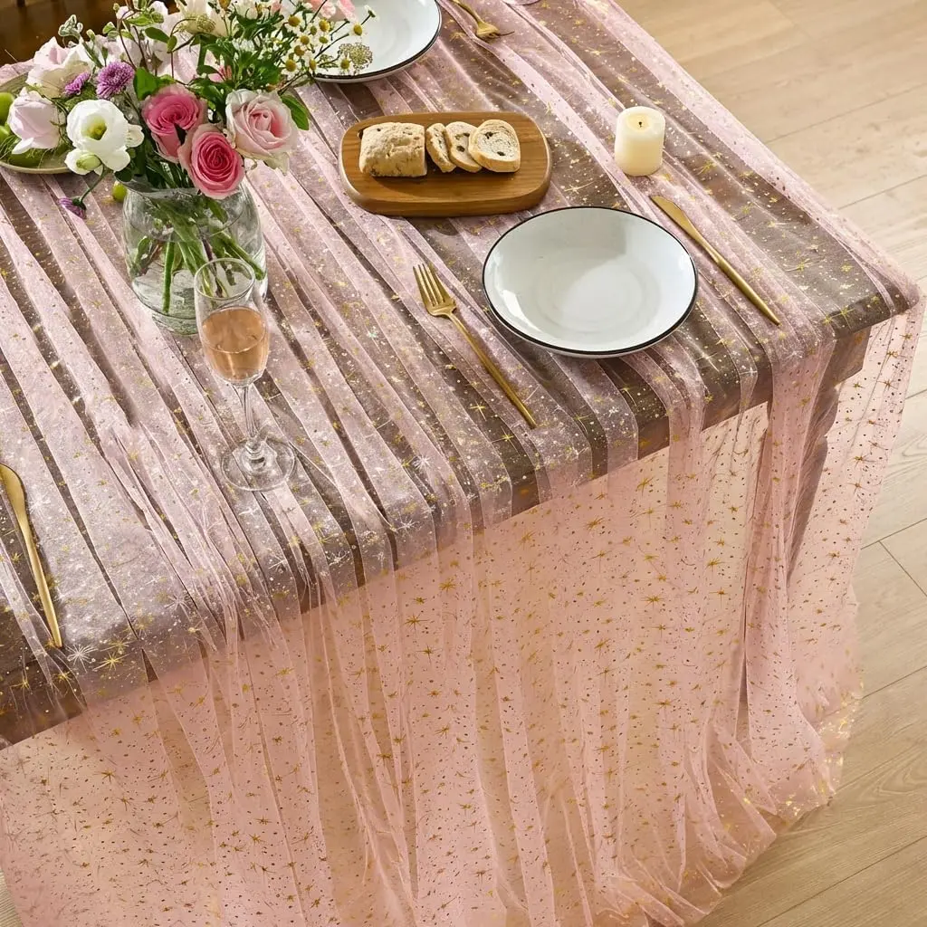 Pink Gold Multi-Color Sparkling Star Linen-Cotton Gauze Tablecloth - 60x84in Rectangular, Golden Sequin Metallic Foil Print, Sheer Tulle Cheesecloth, Rustic Wedding Party Easter Pet Supplies Decor