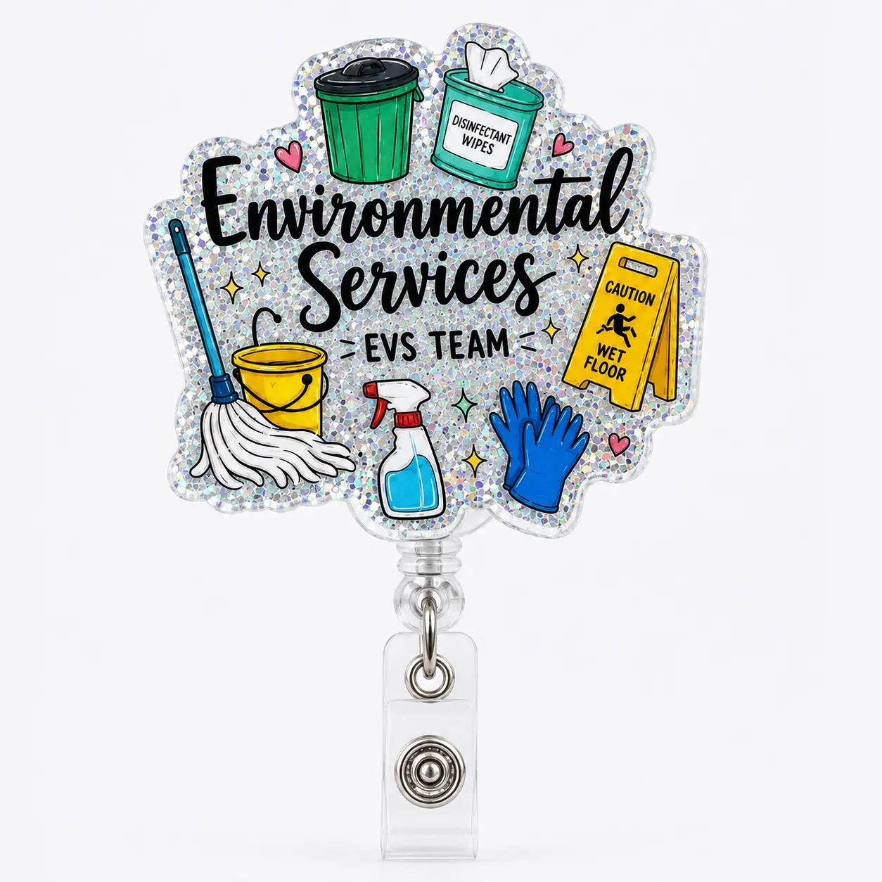 Environmental Services Badge Reel, Glitter Retractable ID Badge Holder, Cute Acrylic Badge Clip for EVS Team, Housekeeping, Hospital & Healthcare Workers