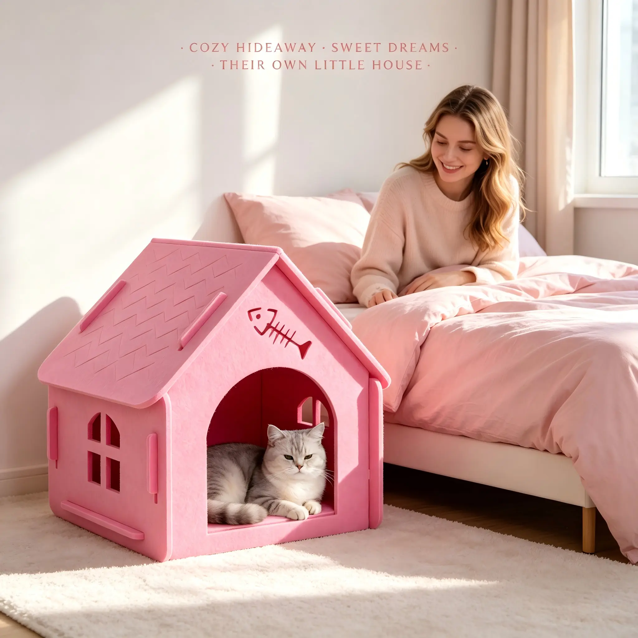 Cute Pink Cat House Felt Cat Bed for Indoor Cats Warm Cozy Cat Cave Pet House Small Kitten Bed with Fish Bone Design Home Decor