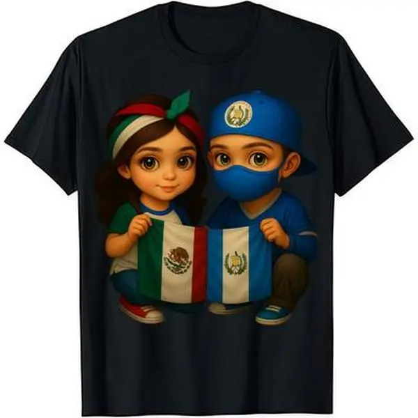 HAGBDH Men's Cotton Tshirt - Classic Short Sleeve Crewneck (Round Neck) Unisex Top, Kids Holding Mexico & Guatemala Flags Graphic, Casual Fabric, Ideal for Everyday Wear, Tropical Gift