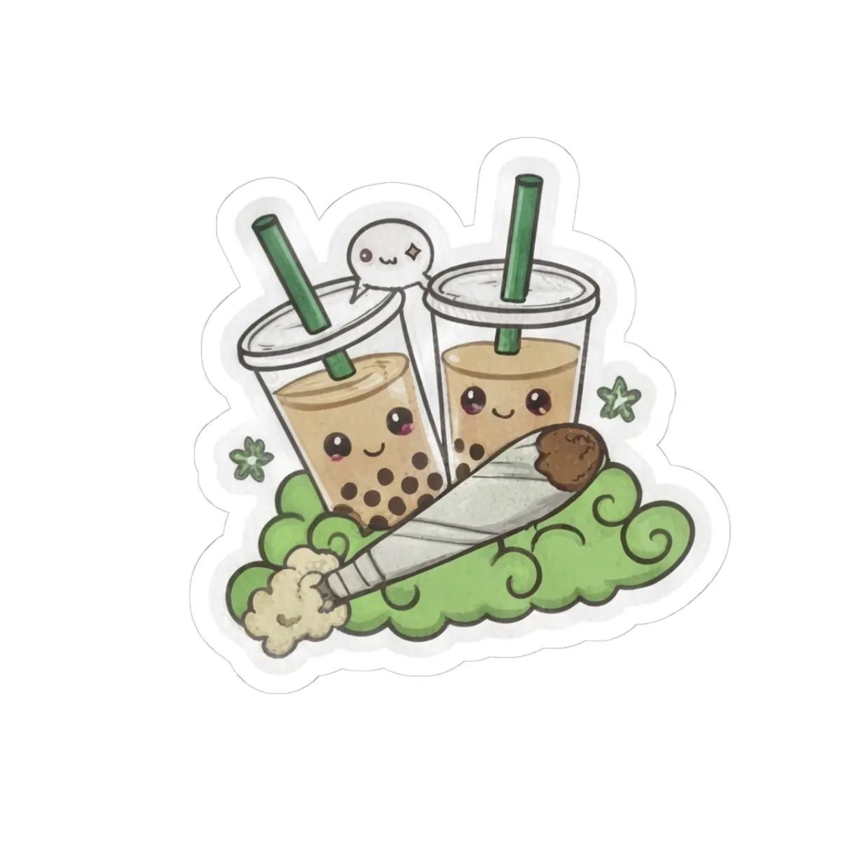 BLAZED Basic Kawaii Kiss-Cut Vinyl Bubble Tea Stickers - 4 Sizes, White, Transparent, Glossy Finish, Bright Caramel Tones, Strong Permanent Acrylic Adhesive, Resists Light Scratching, for Scrapbooking DIY Projects, Kawaii Decor, Four Sizes