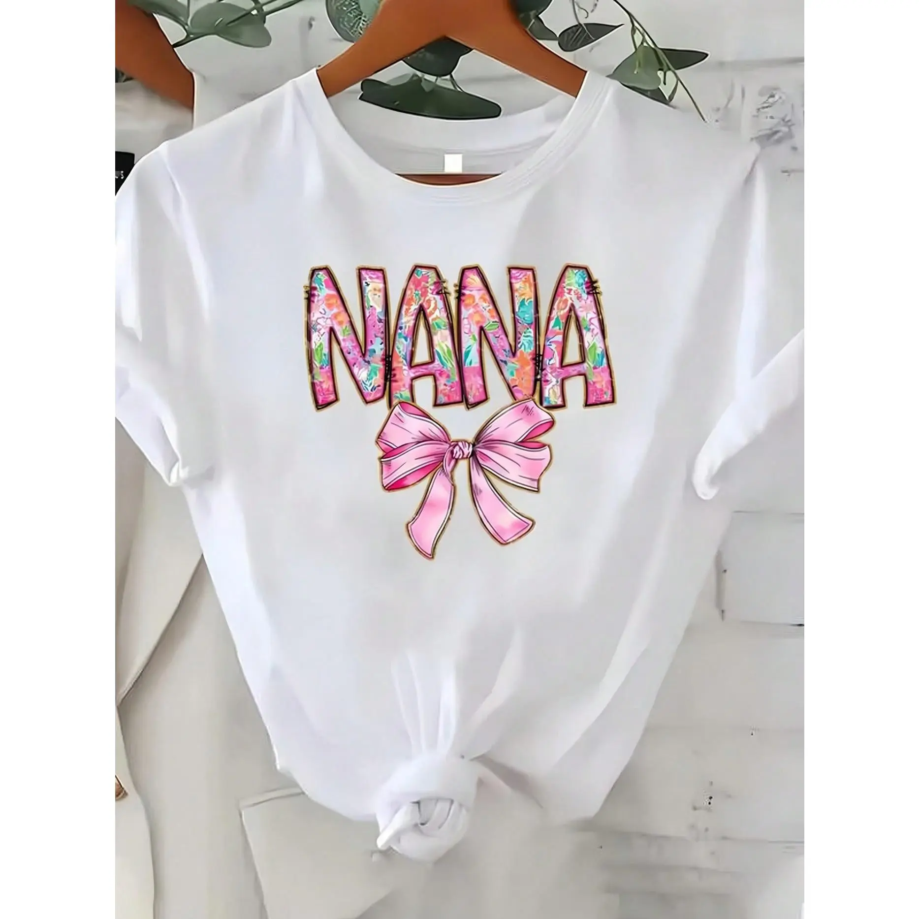 1pc Women' Floral Nana Print White TShirt Crew Neck Casual Cotton Tee Medium Stretch Knit Fabric Regular Fit For Female Ladies For Spring/Summer/Fall
