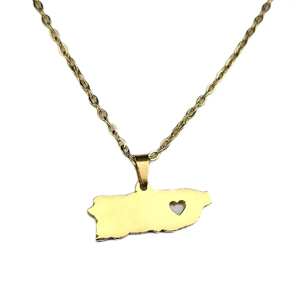 Puerto Rico Map with Heart Pendant Necklace - Elegant Design for Travel Lovers