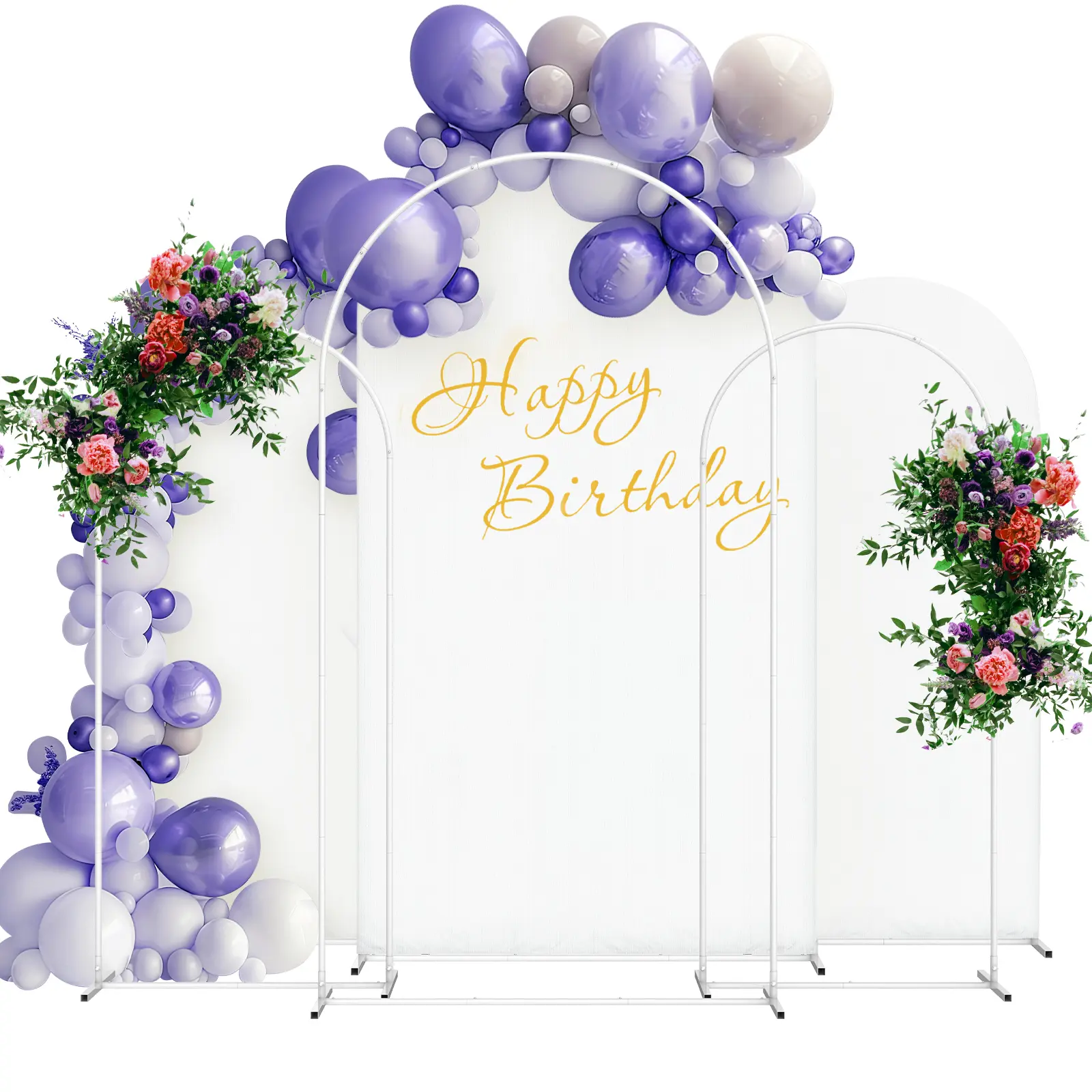 3-Piece Metal Arch Backdrop Stand with Spandex Covers, Square Tube Arched Frame for Wedding, Birthday Party Decor (Festive & Party Balloon Accessory)