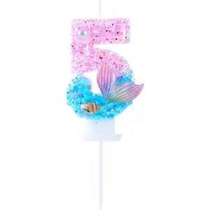 5 Birthday Candle -  & Blue Glitter with , Seashell & Fish Tail -  Theme 5 Cake Topper for Under The Sea Party Cake Decoration