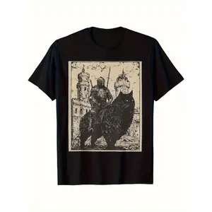 Men's Vintage 90s Medieval Knight Tunic Shirt Slim Fit Short Sleeve Black Casual Round Neck Machine Washable Retro Feline Print Perfect for Renaissance Fairs and Themed Events