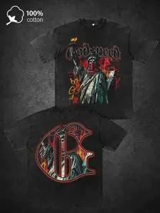 GODSPEED Men's Gothic Graphic Print T-Shirt - 100% Cotton Distressed Washed Streetwear Tee with Drop Shoulder, Loose Fit Y2K Harajuku Style, Machine Washable Casual Summer Top, Heat Transfer Apparel, Bold Logo Design, Durable Stre