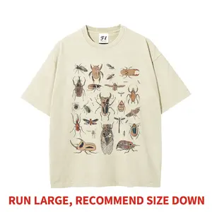 Vintage Entomology Beetle Bug Chart Heavyweight Boxy Fit T-Shirt Snow Wash Oversized 260g Pure Cotton Graphic Tee