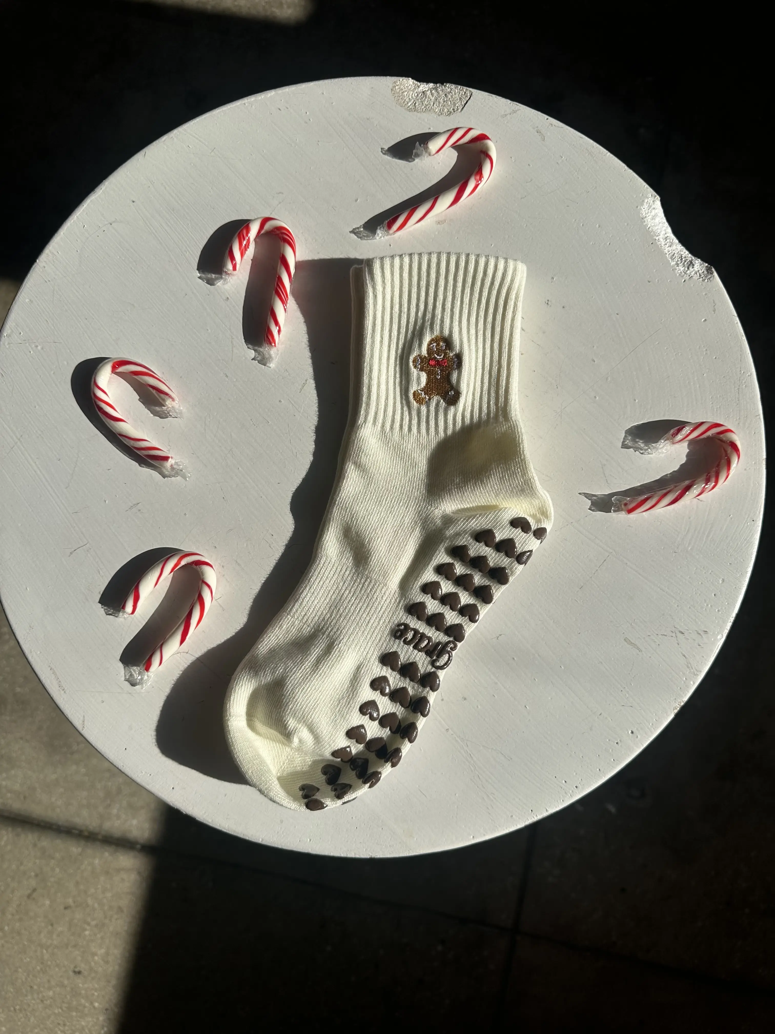 Mollygracegripsocks Gingerbread man cream holiday non slip grip sock with dark brown heart grips for Pilates, barre, yoga or lagree