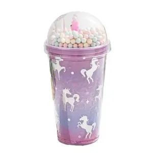 Rainbow Unicorn 450ml Reusable Plastic Cup with Straw for Travel and Parties - Washable, Drinkware for Hot & Cold Water Bottle Tumbler Portable Mug