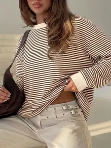 Striped Colorblock Round Neck Long Sleeve Top, Casual Loose Fit Women's T-Shirt, Millennial Style Tee for Daily Wear