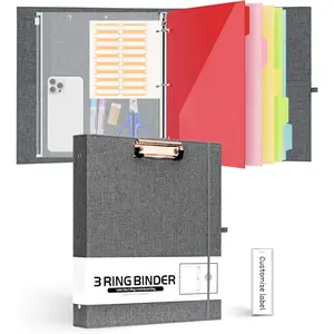 3 Ring Binder 1 Inch Linen Binder Organizer with Zipper Pouch, Hardcover Clipboards with Storage (8.5" x 11"), 5 Dividers with 10 Pockets, School Binder, Darkgrey