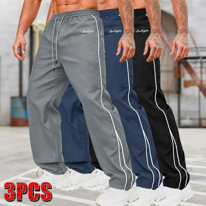 3-pack men’s joggers with side white stripe pattern, drawstring elastic waistband, lightweight quick-dry athletic sweatpants, Los Angeles embroidered street casual training pants