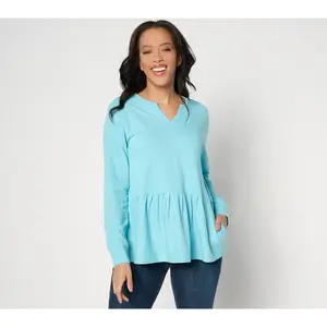 LOGO Life by Lori Goldstein Split Neck Long Sleeve Cotton Slub Top