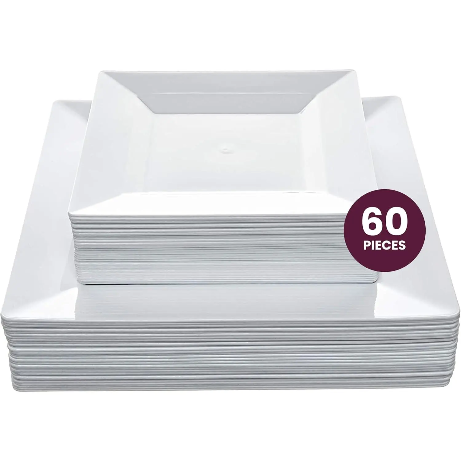60ct White Square Disposable Plates - Heavy Duty Plastic Party Plates for Christmas, Thanksgiving (30 Dinner & 30 Salad)