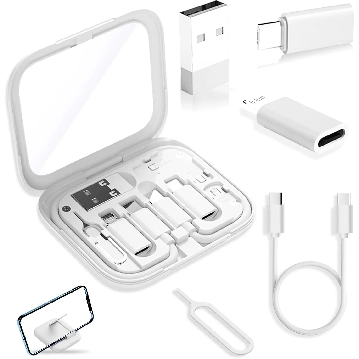Plastic Multi-Function Electronic Mobile Smartphone Charging Kit - USB-C/Lightning Connectors, Makeup Mirror, Fast Charger, Sim Card Tool with Transmission Support, Compatible with iPhone 14/15, Google Pixel, Samsung Galaxy