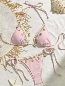 Sexy Starfish Pendant Set, Plain Color Three-Strap Halter Neck Swimsuit, Two-Piece Beach Vacation Swimwear, Tie Back Bikinis, Swimsuit Style Bikini