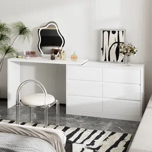 FUFU&GAGA 2 in 1 Vanity Desk, 51" Vanity Table with L-Shaped Desk & Double Dresser, Versatile Makeup Dressing Table Computer Desk with 6 Drawers