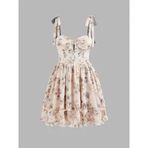 Cider [size 0-10] Chiffon Floral Bowknot Layered Ruffle Hem Mini Dress