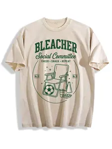 Women's Oversized Forest Print Short-Sleeve Cotton Vintage Bleacher Social Committee Tee, Sand Wash Soccer Mom Shirt