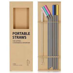 Reusable Drinking Straw Set Box with Cleaning Brush (7 Counts/set), Stainless Steel Straws with Silicone Straw Sleeves Design, Portable Drinking Supplies for Home Office Use, Modern Kitchenware