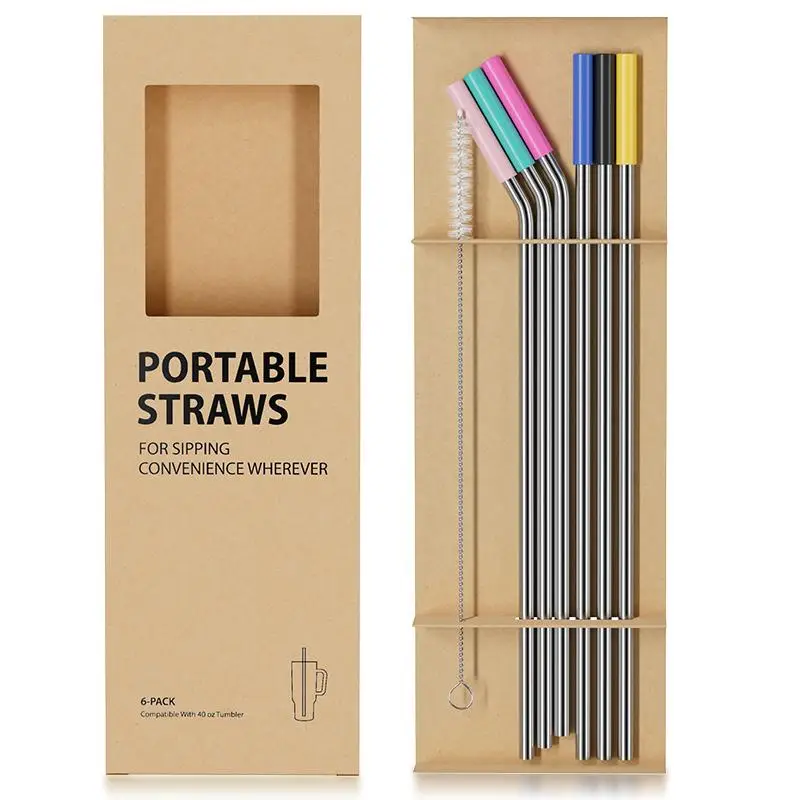 Reusable Drinking Straw Set Box with Cleaning Brush (7 Counts/set), Stainless Steel Straws with Silicone Straw Sleeves Design, Portable Drinking Suppl