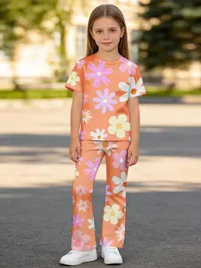 Summer Collection Girls' Short Sleeve + Flared Pants Two-Piece Set with Colorful Daisies on Orange Background, Comfortable & Breathable, Skin-Friendly & Soft, Casual & Versatile for Home & Outdoor, Kids' Outfit