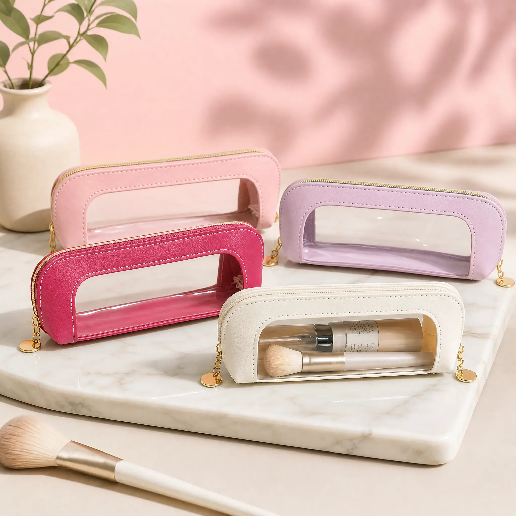 Pink Faux Makeup Brush Organizer Bag - TPU Clear Window  , Water-Resistant Cosmetic Storage Case with Gold , Portable Holder for Girls organization everyday versatile stationery