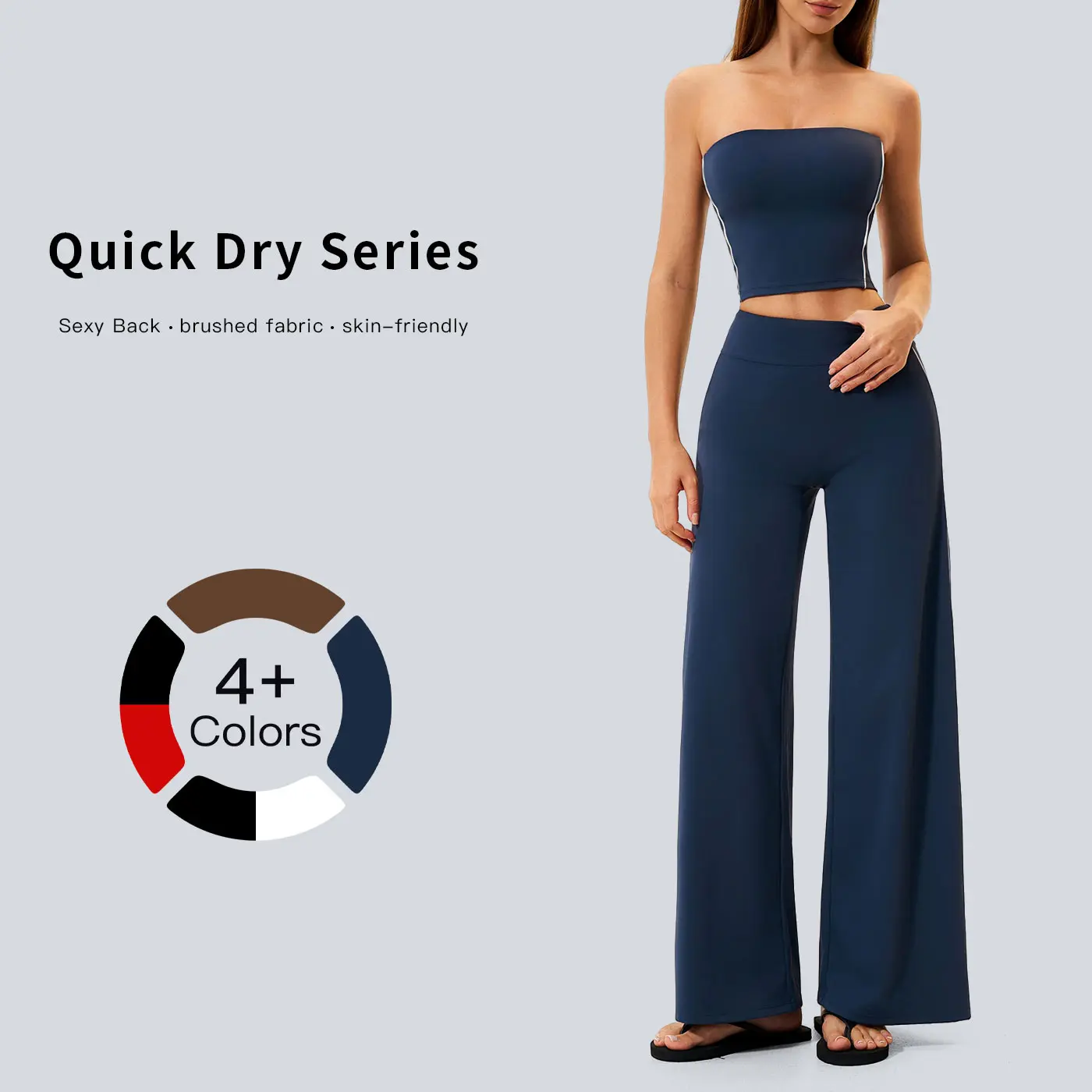 Tenwolf women’s sports set featuring a bandeau top and wide-leg pants: non-slip, stays in place bandeau top + high-waisted tummy-control wide-leg pants. Highly elastic, skin-friendly, doesn’t pinch; drapey fabric that doesn’t cling to the legs or highligh